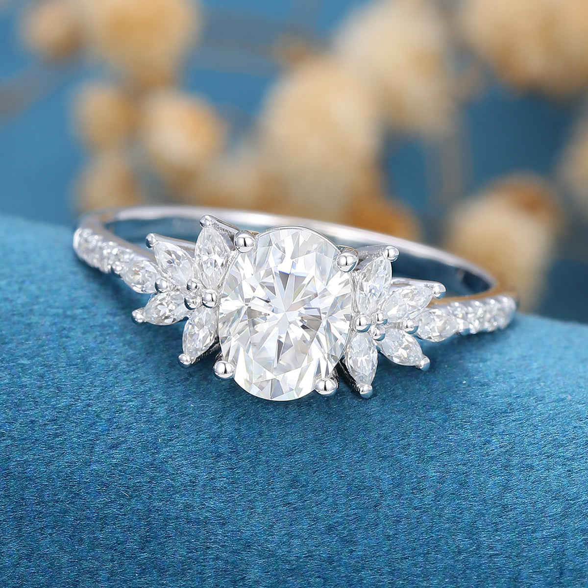 1.33 CT Oval Cluster Lab Grown Diamond Engagement Ring